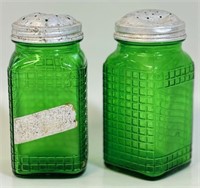 RARE PAIR OF 1930'S GREEN PRESSED GLASS SHAKERS