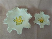 pair of white case glass hand painted bowls 9"
