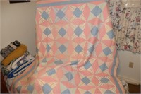 Hand Stitched Blue and Pink Quilt (some stains)