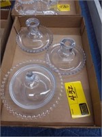 Covered candlewick bowl and 2 candelabra