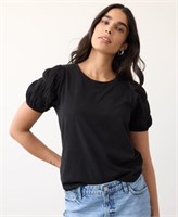 Women's Short-Puff-Sleeve Blouse, Black,M