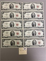 10 pcs $2.00 notes series 1963