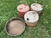 3 OLD GAS CANS & METAL PAN