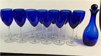 13 Cobalt Blue Wine Stems & Decanter
