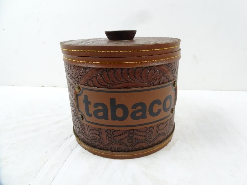 Ornate Leather Lidded Cork Lined Tobacco Jar