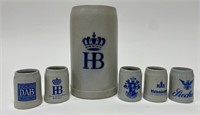 Vintage German HB Stoneware Stein & 5 Mini's