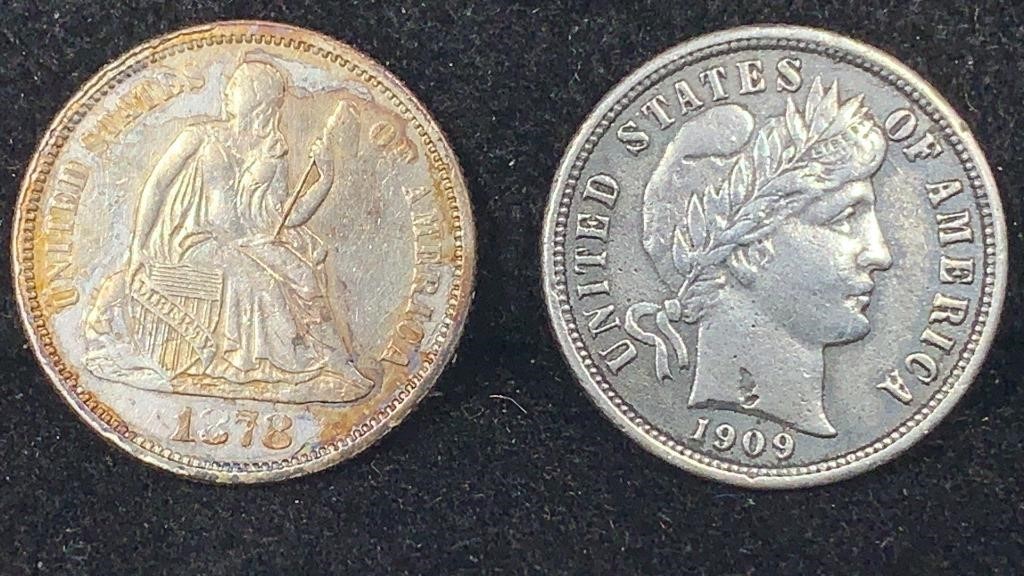 2 Liberty Silver Dimes: 1878 & 1909