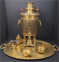 (R) Antique Russian Brass Samovar, Tray and
