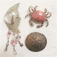 3 Sterling Brooches - Moon, Crab & Sand Dollar