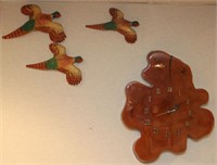 Cypress wall clock & 3 ceramic pheasants