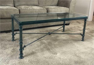Iron and Glass Coffee Table Verdigris Green Finish
