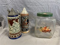 Cracker Jar and (2) Steins