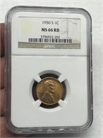 1950-S 1c Wheat Penny Graded NGC MS 66 RD