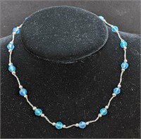 Silver Tone Blue Bead Choker Size Necklace