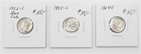 (3) Silver Mercury Dimes 1924-S, 25-S & Rare 26-S