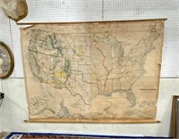 Large Antique Wall Map of U S 1908