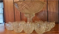 Pressed Glass Punch Bowl & Cups