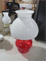 RED GLASS WITH MILK GLASS HOBNAIL SHADE