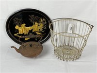 Copper Tea Pot, Wire Egg Basket & Toleware Tray