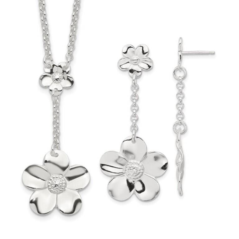 Sterling Silver Floral Necklace and Earring Set
