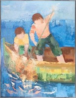 Impressionist Boys on Boat Oil Signed illegibly
