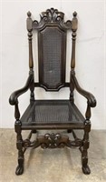 Carved Wooden Arm Chair w/ Cane Back and Seat