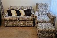 1970s Love Seat, Chair, Ottoman & Extra Fabric