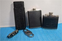 Jack Daniel's Flask,Cigar Cutter & Lighter In Case