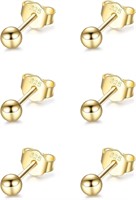 Silver Stud Earrings, 3 Pairs, Gold-3mm