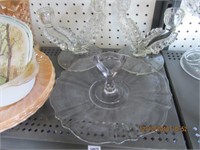 Etched Glass Tidbit Tray & Pr of Etched Double