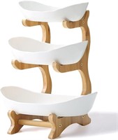 3 Tier Ceramic Fruit Bowl With Bamboo Wood Stand