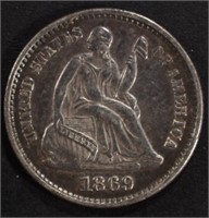 1869 SEATED LIBERTY HALF DIME AU/BU
