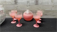 Vintage Blendo Pink Decanter Set With 6 Matching G