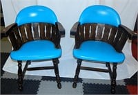 2 Vintage Oak & Leather Barrel Back Arm Chairs