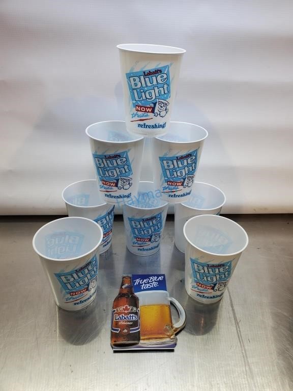 LOT OF BLUE LIGHT CUPS & TABLE TENT