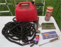 Garden hose, gas can, stretch cords, misc.