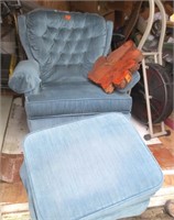 Blue chair, foot rest, tree clock