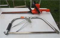 Hedge trimmer, anchors, saw