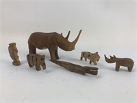 Wooden carved animals, 5 small , 1 larger Rhino