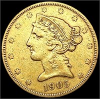 1905-S $5 Gold Half Eagle LIGHTLY CIRCULATED