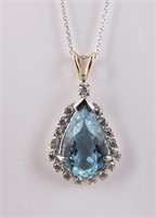 14K White Gold Aquamarine, Diamond Pendant, Chain