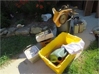 Garbage can, Bucket of nails, Sprinkler & misc