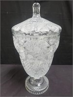 Large cut crystal covered footed jar, signed