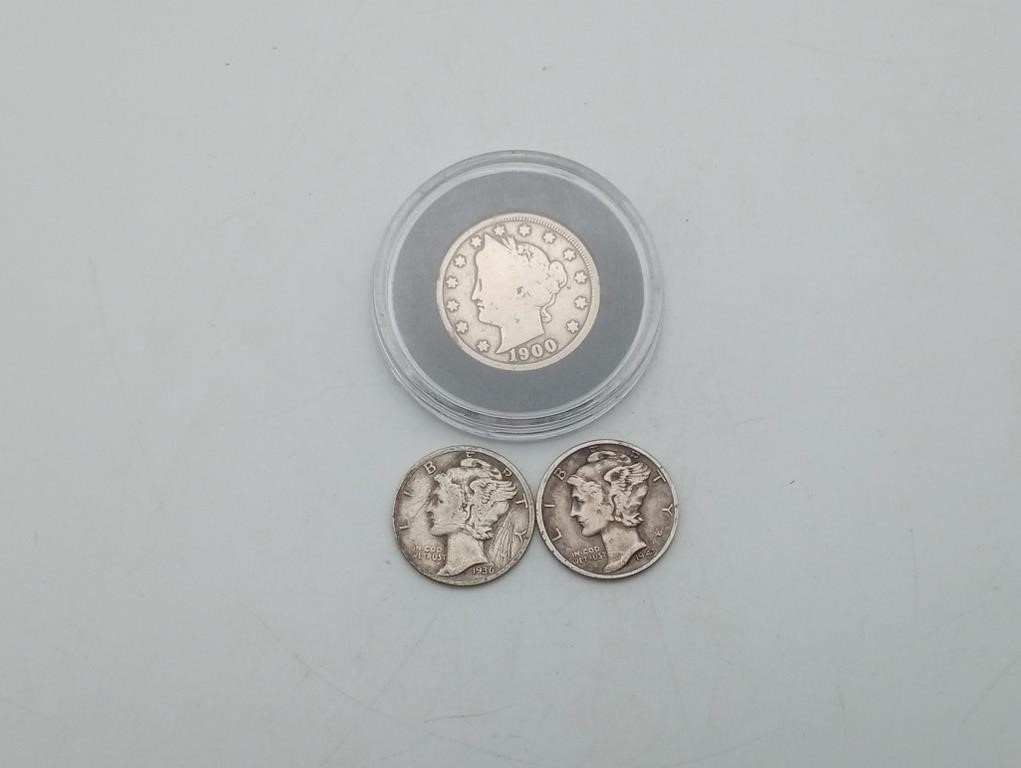 1900 V Nickel & 2 Barber Dimes