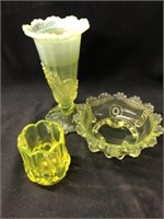 (3) Contemporary Pcs of Vaseline Glass