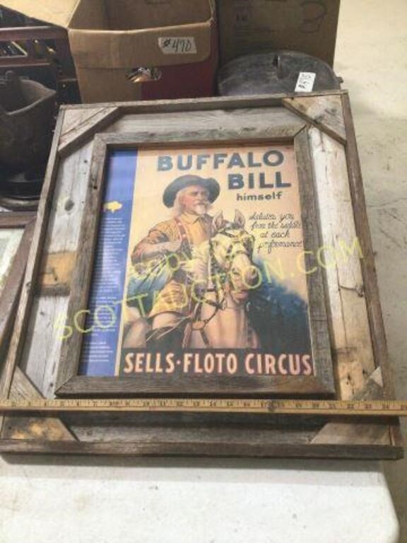 4 pcs, Buffalo Bill poster in barn wood frame,