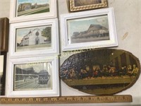 Lot 9 framed prints, postcards, religious items,