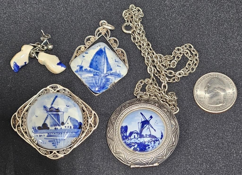 Blue Delft Filigree Pin Locket Necklace & Earrings