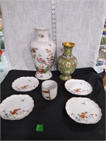 Brass painted vase Asian porcelain vase & plates