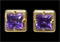 14K Yellow gold square cut amethyst post earrings,